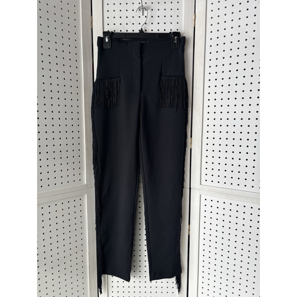 Zara Basics Women's Small Side Fringe Detail Black Dress Pants Stretch
